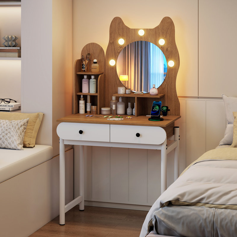 Small Vanity Desk w/ Mirror & Lights Cute Kitty Makeup Table w/Power Outlets