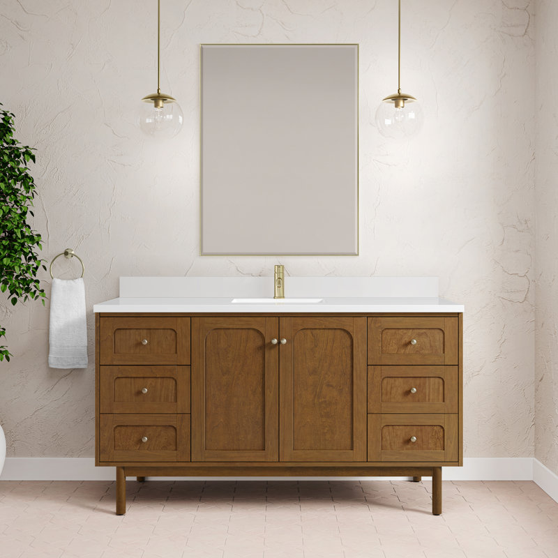 Laurent 60'' W Single Vanity, Honey Oak, White Zeus, Single Hole