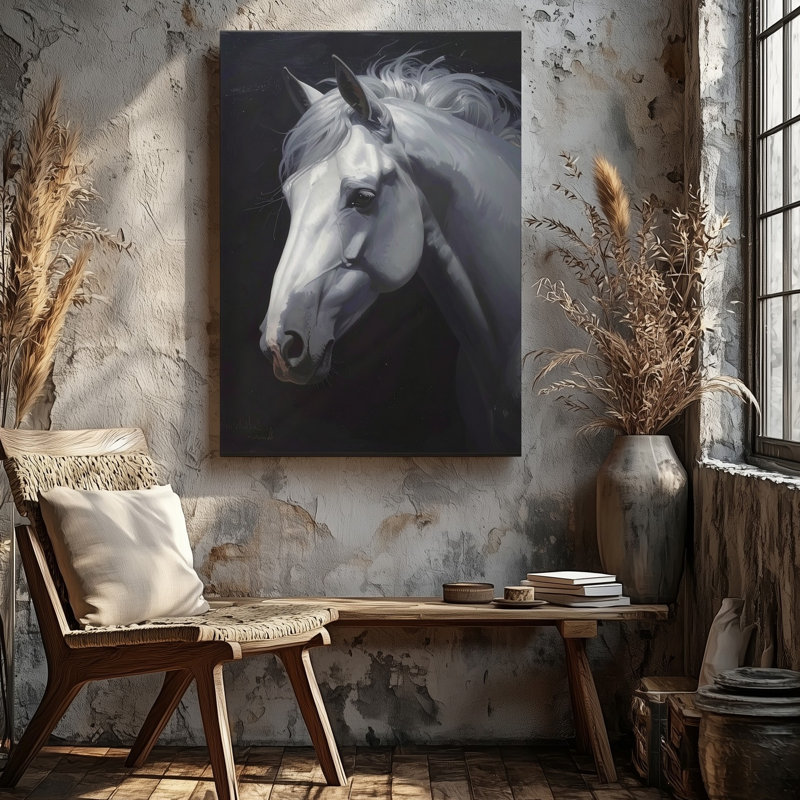 Toile murale, Grace Silent, toile blanche, cheval, sortie de l'obscurité, prêt à accrocher, H 11 po x l 14 po
