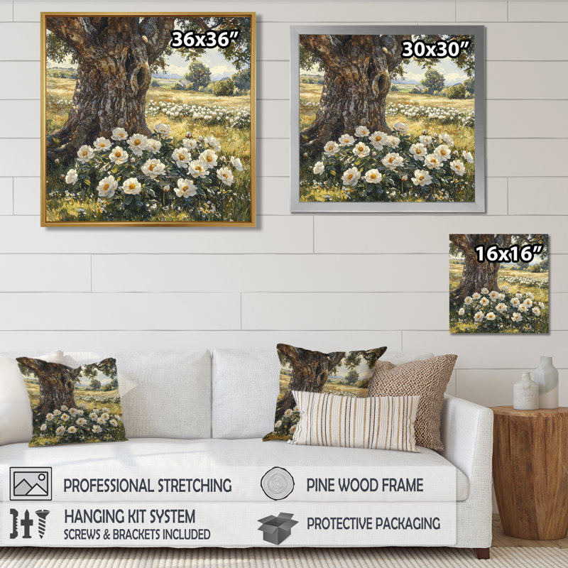 Pivoines près du vieux chêne II - pivoines, art mural, Reproduction encadrée d'une seule photo, H 30 po x l 30 po, Blanc