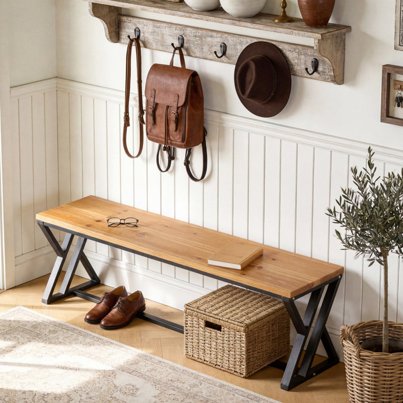 Banc de hall d'entrée en bois massif, banc de lit de 55 po de long avec pieds en métal pour la chambre à coucher, le couloir et le vestibule