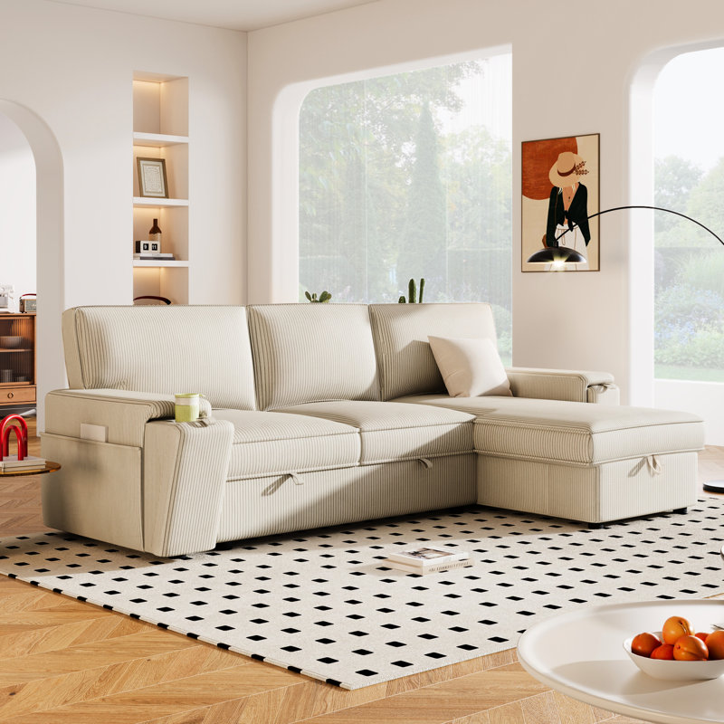 Canapé-lit modulaire à 3 places avec rangement et porte-gobelets en beige, Polyester beige