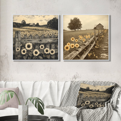 Tournesols à côté de la clôture de la ferme I - art mural tournesols - ensemble de 2 décorations murales traditionnelles