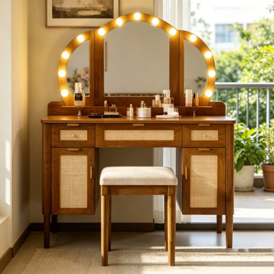  Vanity Desk with 13 Hollywood Bulbs and 3 Lighting Modes, Dressing Table with Tri‑Fold Mirror, 5 Drawers and Storage Shelves with Charging Station for Bedroom, Espresso