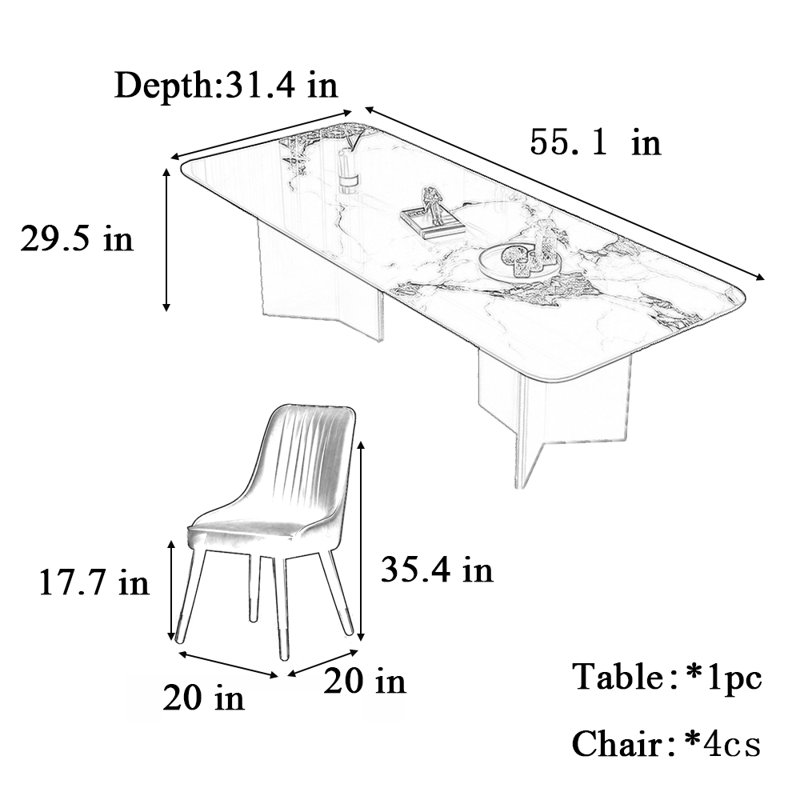 Combinaison de chaise de table haut de gamme légère et luxueuse, H 29,5 po x L 55,1 po x l 31,4 po