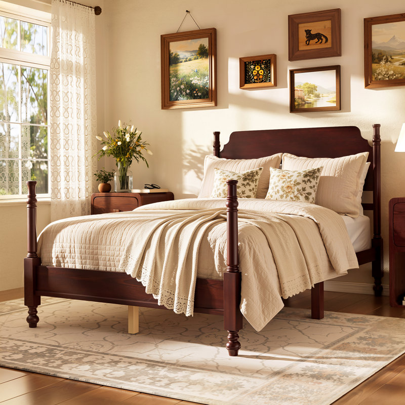 Lit traditionnel avec tête de lit et cadre en bois Preston, Lit double, Dark Walnut