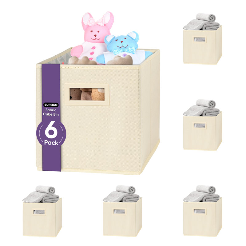 Collapsible Fabric Organizing Bin, Foldable Space Saver Storage Solution, Pack of 6, by Superio, Beige