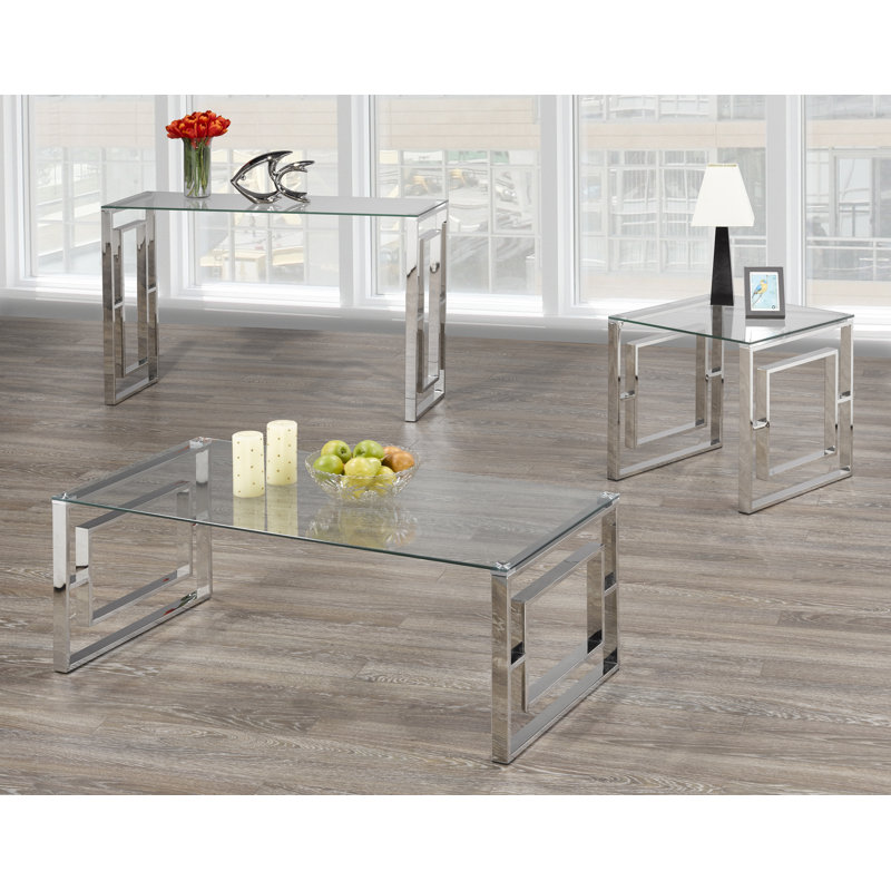 Table de salon moderne en verre 3 pièces avec cadre en métal chromé, table de salon en verre trempé Art déco