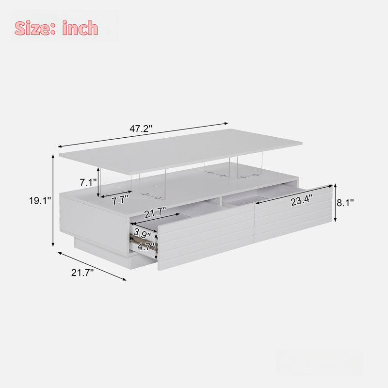Modern Rectangular Coffee Table With Led Lights, 2 Drawers And Open Storage Shelf, White