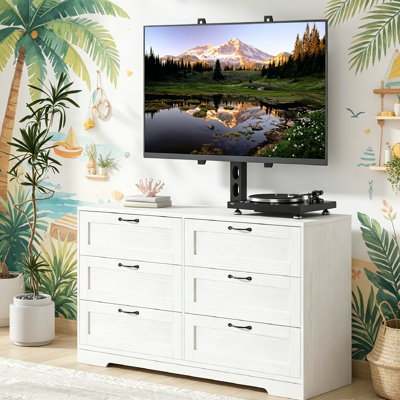 TV Stand with Mount and 6 Storage Drawers for 32-65 Inch TVs, White Entertainment Centre for Bedroom, Living Room, Modern Wood Media Console Tables with Height Adjustable Mount As TV Dresser.