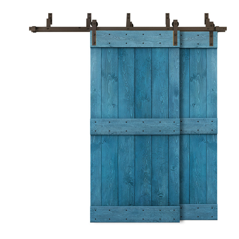 Porte de grange double à panneaux en bois teinté à panneau Mid-Bar, 56 po x 84 po, Bleu océan