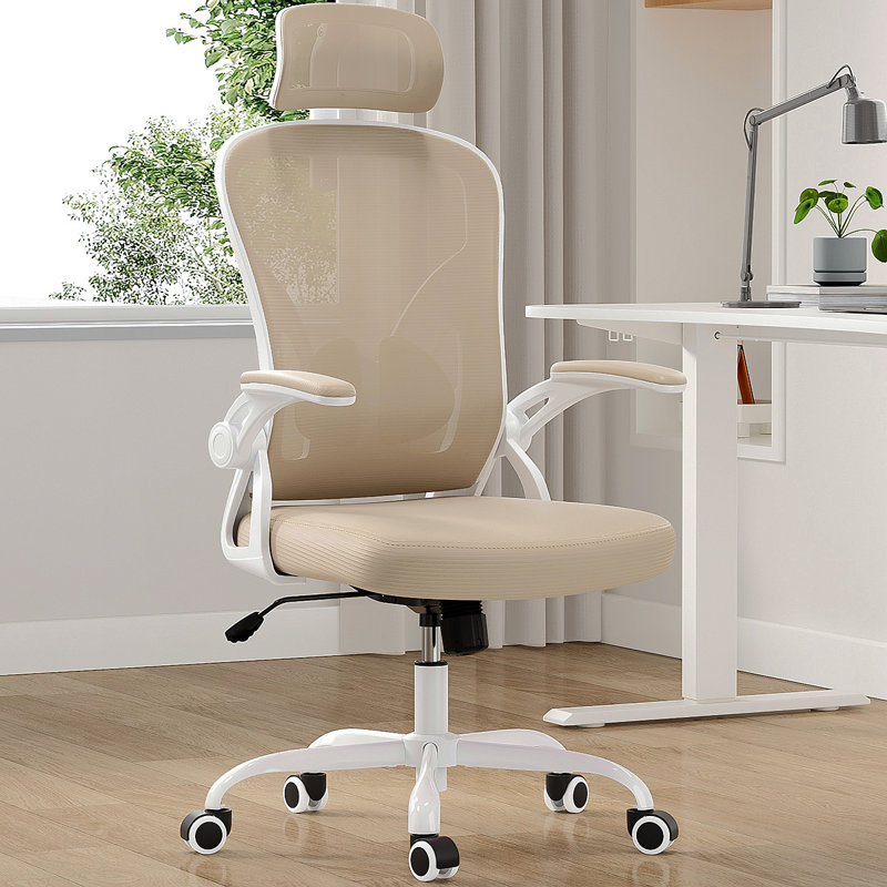 Ergonomic Office Chair, Home Office Desk Chair With Headrest, High Back Computer Chair With Armrests And Adjustable Lumbar Support For Home Office Study Room,White & Khaki