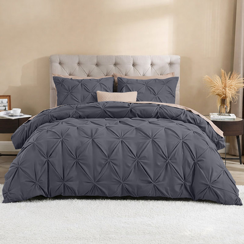  Luxurious Microfiber Pintuck Design Duvet Cover With Pillowcases , Grey, King Duvet Cover + 2 Standard Pillowcases