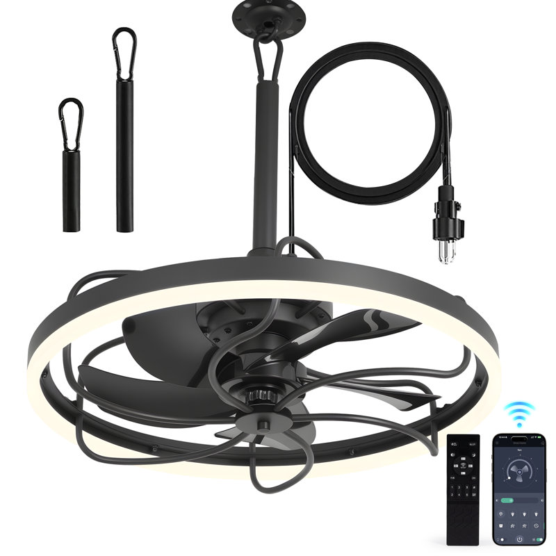20" Waterproof Outdoor Ceiling Fan, Plug-in Caged Hanging Fan With Remote & App Control, 3cct Dimmable Led, Black