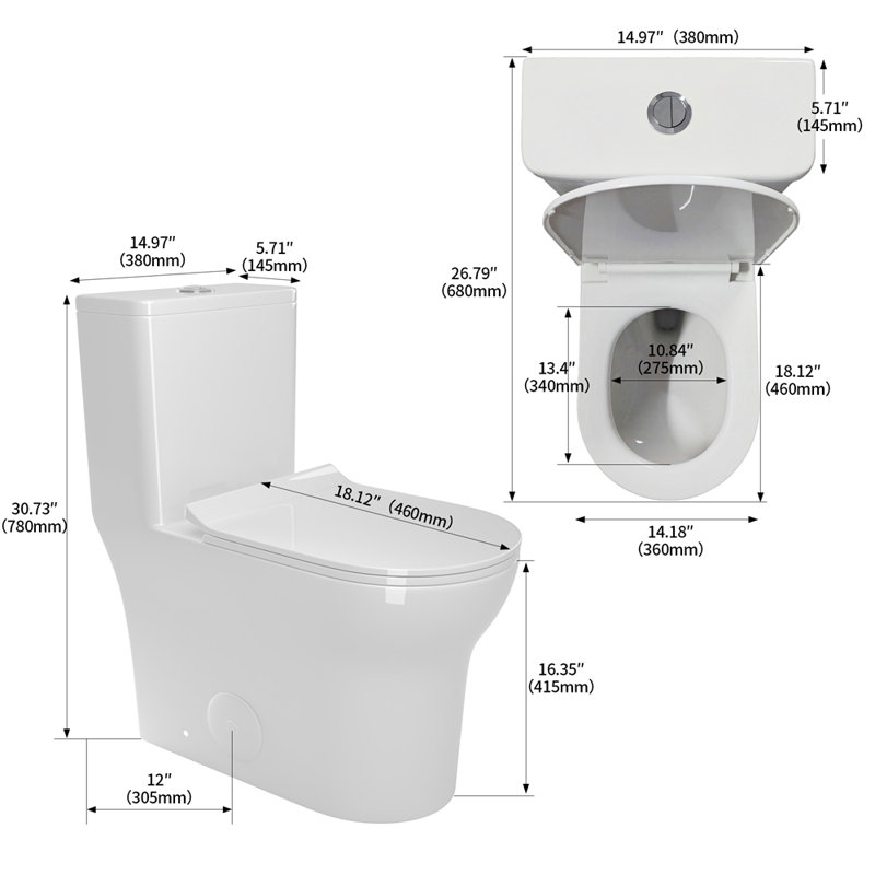 Toilette monobloc allongée au plancher 1,1 / 1,6 GPF à hauteur confort, certifiée CUPC, certifiée WaterSense, céramique, couleur blanche, siège à fermeture en douceur