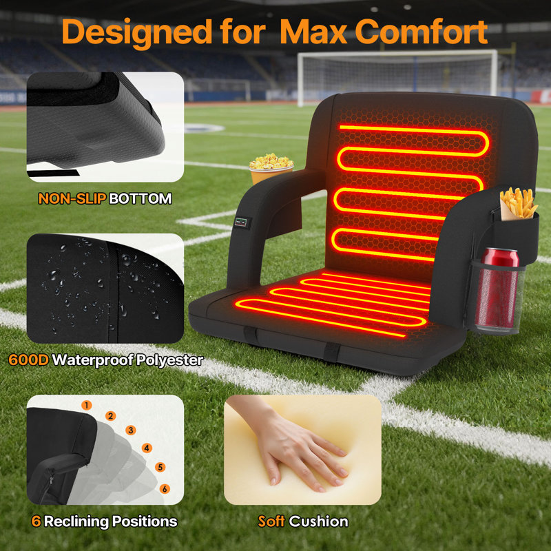 Heated Stadium Seat With Back Support, 3 Heat Levels Up To 150°F, Reclining Padded Bleacher Chair With 20,000Mah Power Bank, Waterproof Folding Seat For Sports & Outdoor Events