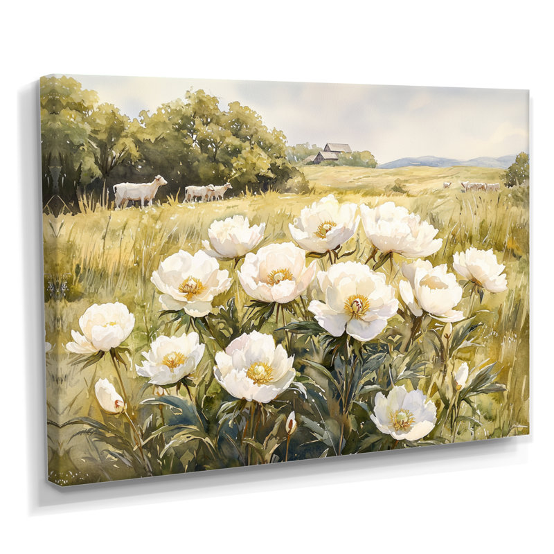 Pivoines près du champ de pâture III - pivoines, art mural, H 34 po x l 44 po, Toile tendue