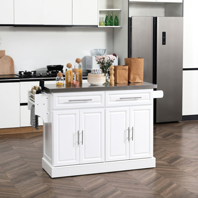 Chariot pour îlot de cuisine avec plateau en acier inoxydable et rangement polyvalent, 2 tiroirs, support à épices, porte-serviettes, blanc, armoire à roulettes, plateau, armoires, support