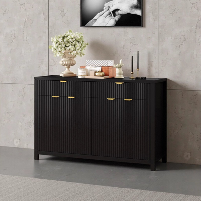 Modern Wave - Pattern Sideboard Cabinet with 2 Drawers, 4 Doors, 3 - Level Adjustable Shelves, Aluminum Arc Handles, Scandinavian Style, 3 Colors