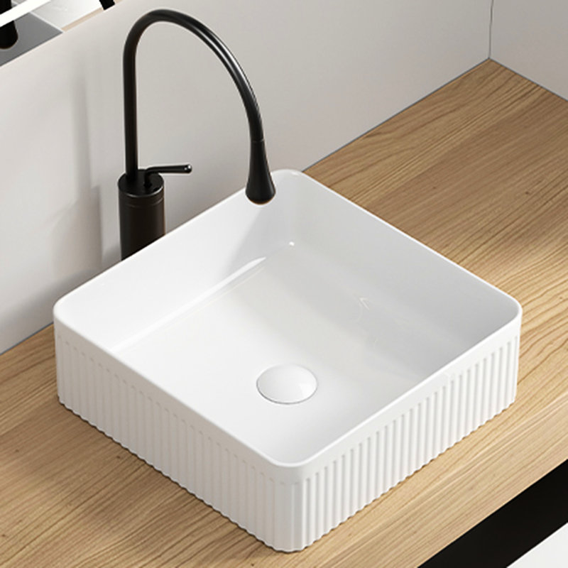 Lavabo vasque rectangulaire, 15 po x 15 po, en céramique de porcelaine blanche, conception rayée, facile à nettoyer et à entretenir, salle de bain moderne de style esthétique 15 po x 15 po, polyvalente pour les comptoirs, surface lisse
