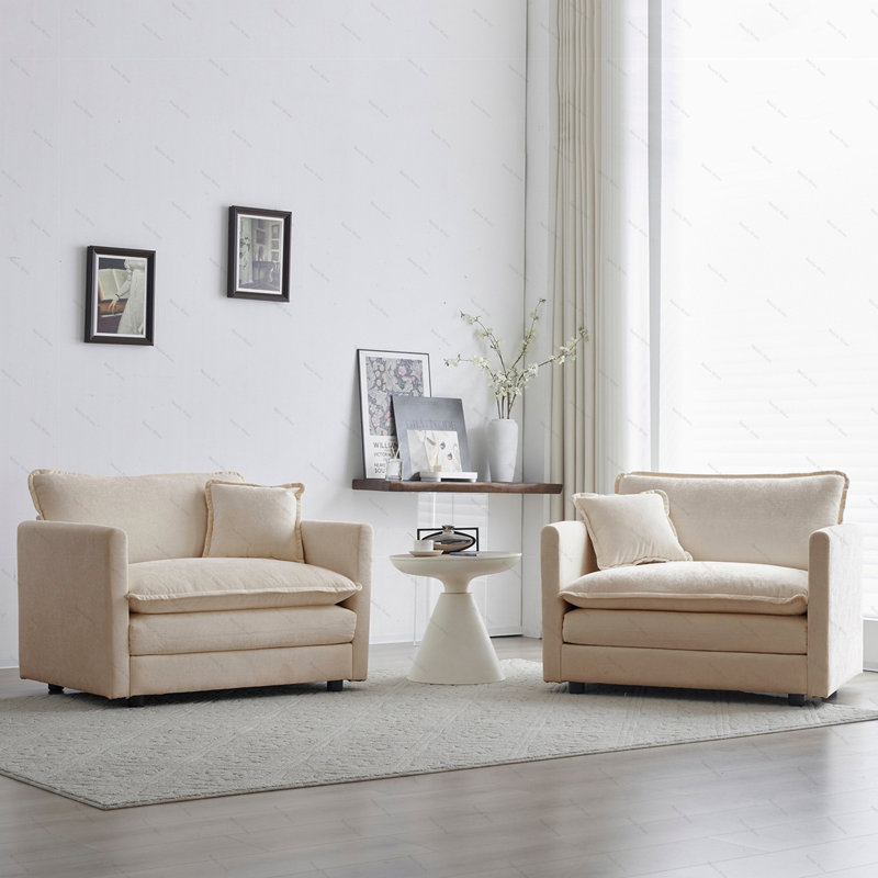 Accent Chair, High-End Chenille Upholstered Armchairs, Living Room Side Chairs With Toss Pillow, Chenille, Beige, 2