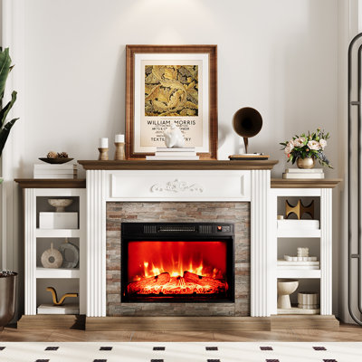 72" Electric Fireplace With Mantel, Fireplace Tv Stand For Tvs Up To 80 Inch, Entertainment Center With Storage, Realistic Stacked Stone Surround With Remote Control For Living Room