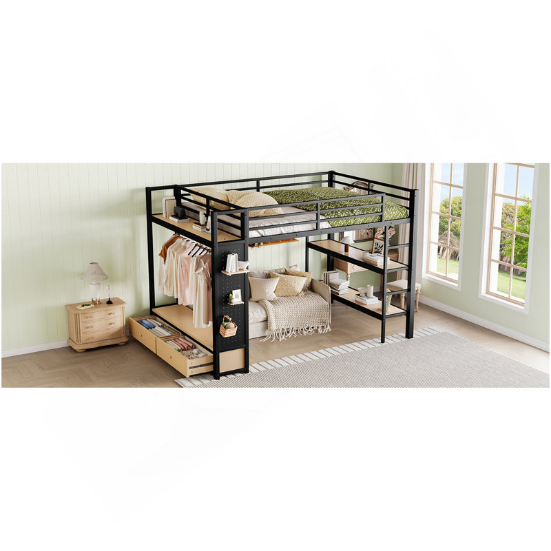 Grand cadre de lit mezzanine avec garde-robe, lit mezzanine en métal avec tablettes de rangement et panneau perforé, noir