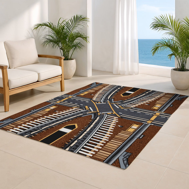 Transportation Black Indoor and Outdoor Area Rug, Rectangle 4' x 6'