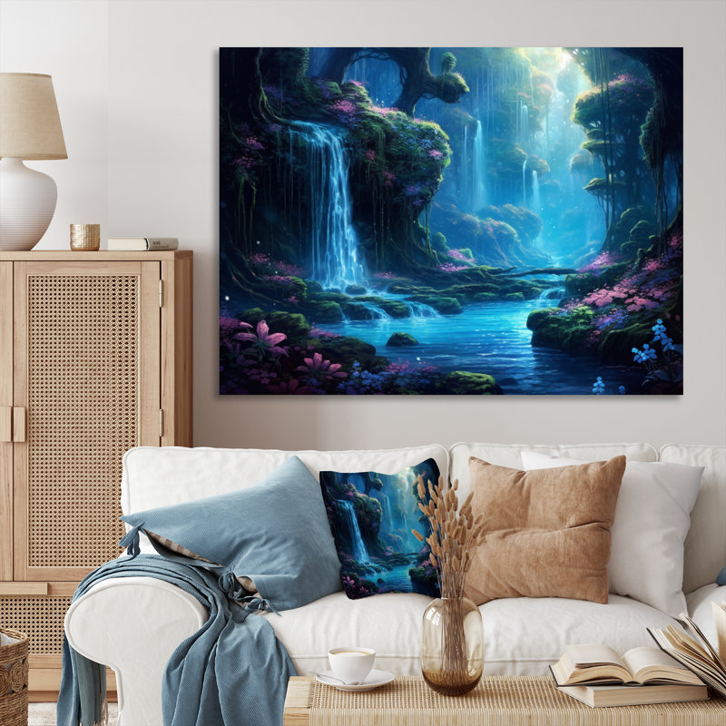 «Blue Green Calming Waterfall - Waterfall», reproduction d'art sur toile, Toile tendue, H 12 po x l 20 po x P 1 po
