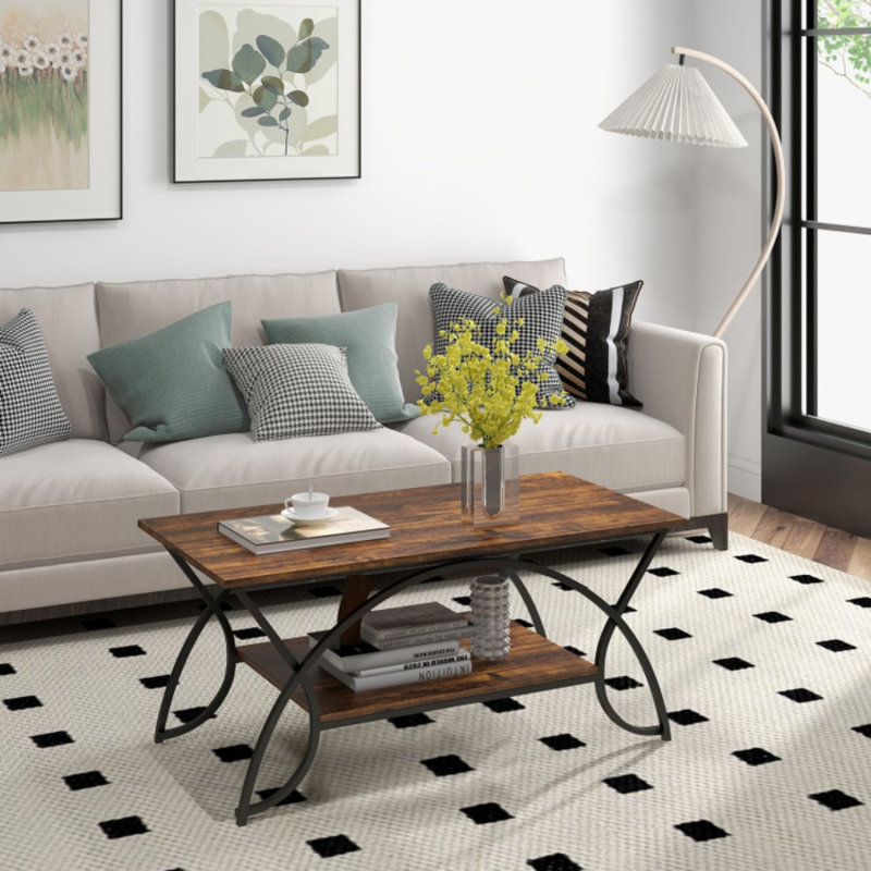 Table basse à 2 niveaux en faux marbre avec plateau en marbre et structure en métal, H 18 po x L 39,5 po x l 19,5 po