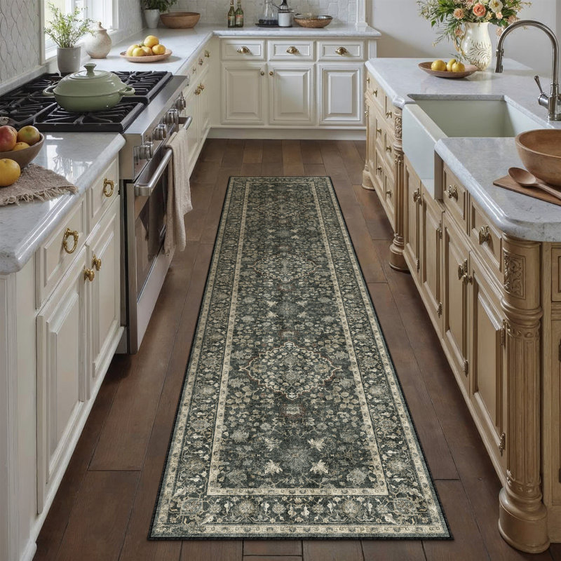 Tapis floral lavable à la machine avec envers antidérapant, Runner 2' x 8', Noir