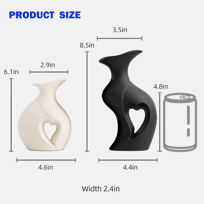 Ensemble de 2 vases en céramique noirs et blancs en forme de cœur