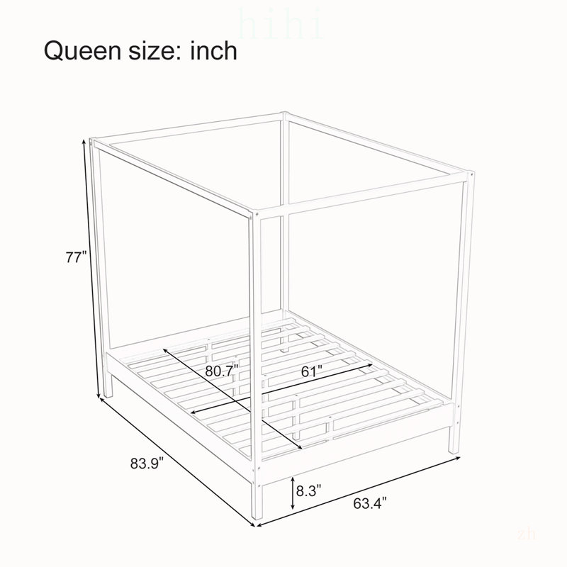 Cadre de lit à baldaquin en bois massif pour lit queen size, avec sommier à lattes, style à colonnes, sans sommier tapissier, durable et élégant.