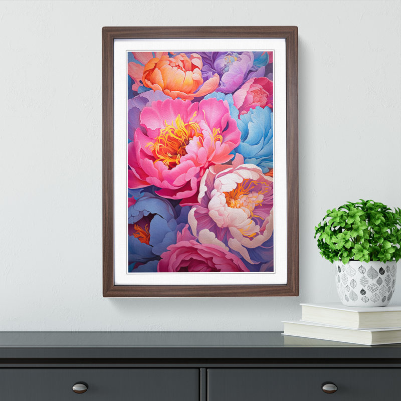 Peony Flower Colour Field - Single Picture Frame Print on Wood, Walnut Framed, 34cm H x 25cm W x 2cm D