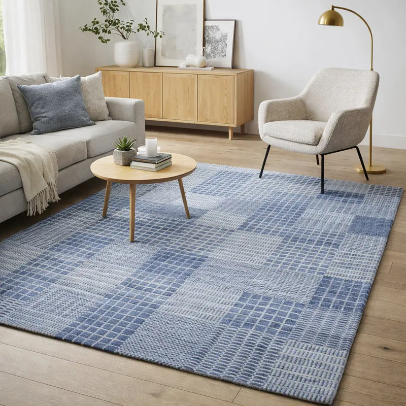 Tapis tissé à la main | Tapis en laine et bambou en soie moderne | Tapis bleu 9mm, Rectangle de 5 pi x 8 pi