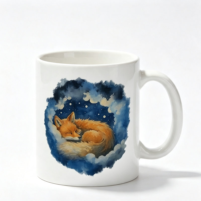 A Ceramic Coffee Mug Featuring a Logo of a Fox Resting in a Nest, Perfect for Enjoying Tea, Milk, Or Water.