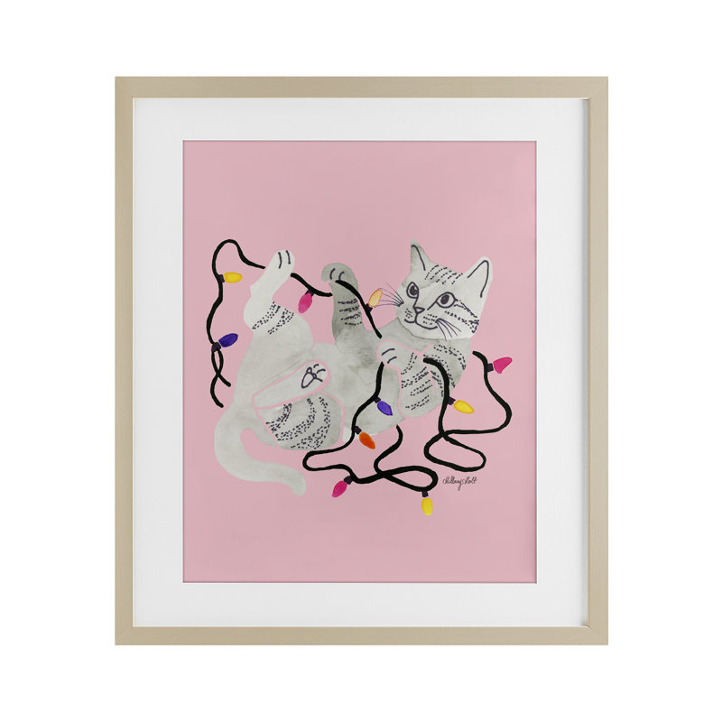 Chat avec lumières de Noël, reproduction encadrée sous verre, conception de Hillary Holt, H 21 po x l 17 po