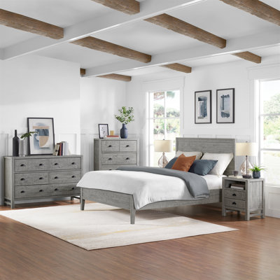 Ensemble de chambre à coucher 5 pièces Arden - grand lit, deux tables de chevet à 2 tiroirs, commode à 5 tiroirs, commode double à 6 tiroirs, bois de pin massif, finition bois de grève clair, style rustique moderne
