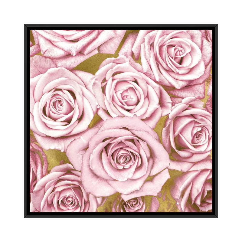 «Pink Roses on Gold», impression sur toile, H 18 po x l 18 po x P 1,5 po, Toile avec cadre noir, Pas de tapis