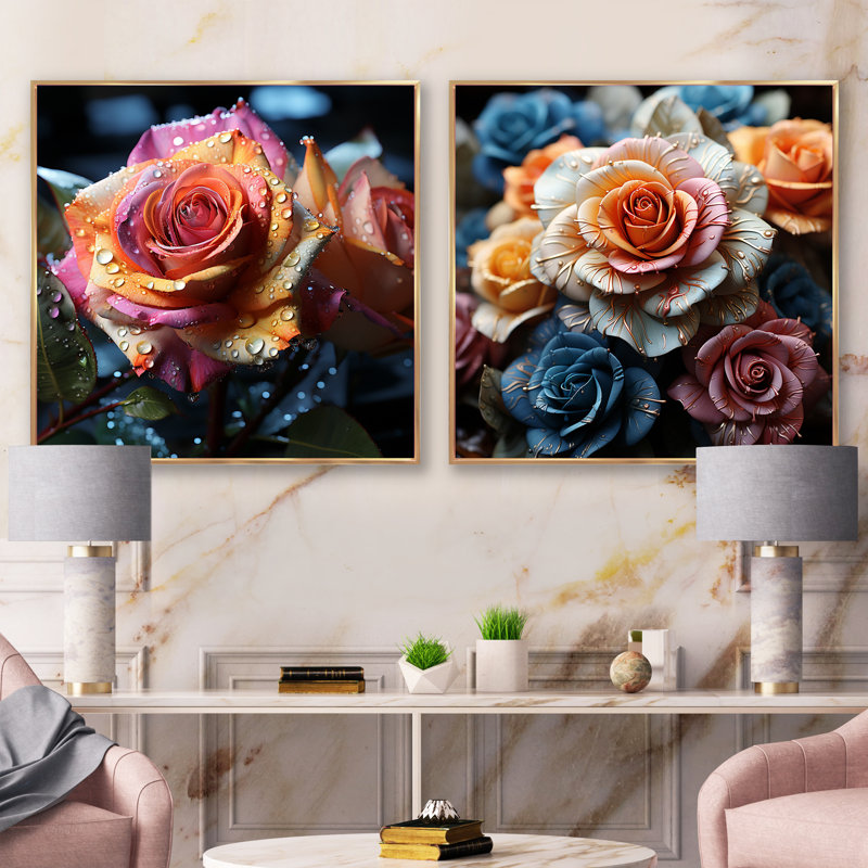 «Rainy Rose Burst Of Rainbow Colors», ensemble de 2 collages carrés floraux, Cadre flottant doré, H 30 po x l 61 po