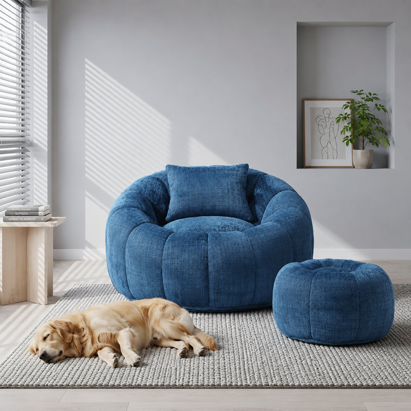 Ensemble de fauteuil à billes et de repose-pieds en mousse viscoélastique Cloud-Like, Chenille bleu paon