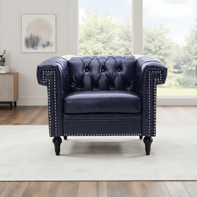 Canapé 1 place bleu pour salon, revêtement en similicuir souple, rembourrage en coton haute densité, excellent maintien, dossier matelassé, structure en pin et stratifié, pieds en bouleau en forme de gourde, largeur 101 cm, profondeur 84 cm, hauteur 76 cm