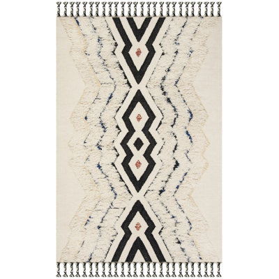 Tapis ivoire / noir / bleu en laine / coton noué à la main de style sud-ouest Ossineke