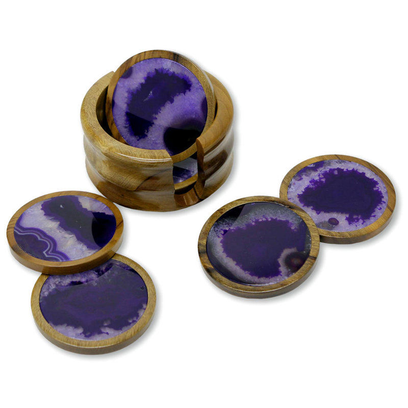 Wood Round 1 Piece Coaster Set With Holder