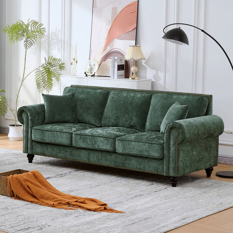 Canapé moderne 86 po 3 places, chenille avec accoudoirs roulés et garniture cloutée - vert, Green Fabric