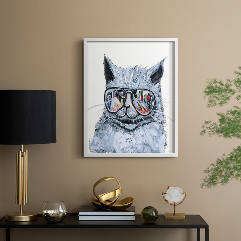 «Kitty with Shades», reproduction encadrée - bois massif, H 30 po x l 24 po, Blanc