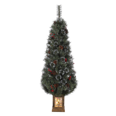 Arbre de Noël artificiel, arbre de Noël enneigé floqué, arbre de Noël en pot avec 100 lumières DEL, boîte à lumière, grappes de baies rouges pour la décoration de la maison