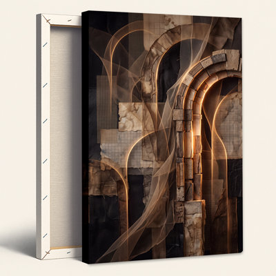 Abstract Stone Arches With Glowing Golden Lines Canvas Wall Art