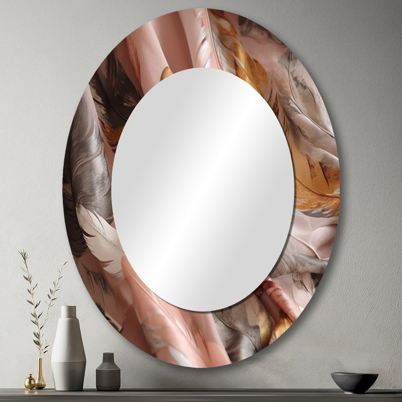 Gold Glamorous Feathers Of Boho Fantasy II - Gold Oval Wall Mirror Decor, 43" x 33"