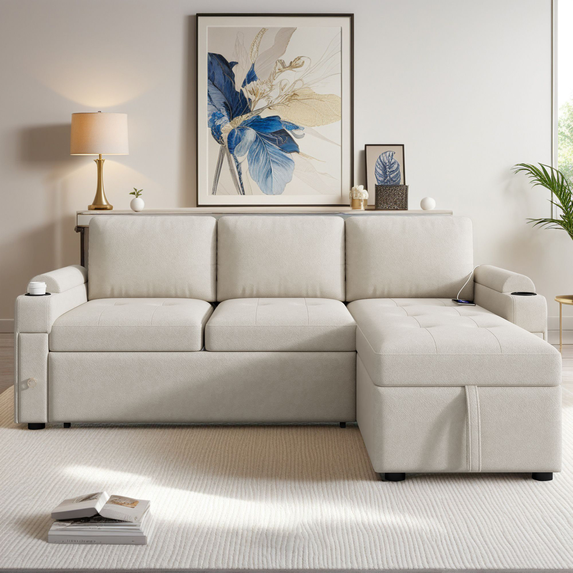Ebern Designs 84" Sleeper Sectional Sofa Bed with Convertible Storage ...